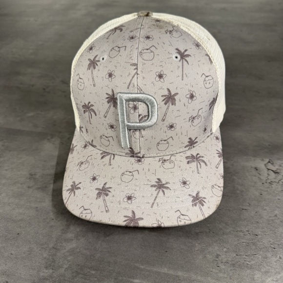 Puma Golf Snapback Hat Gray White Mesh Trucker Nylon Cap Palm Trees Beach READ - Picture 1 of 9